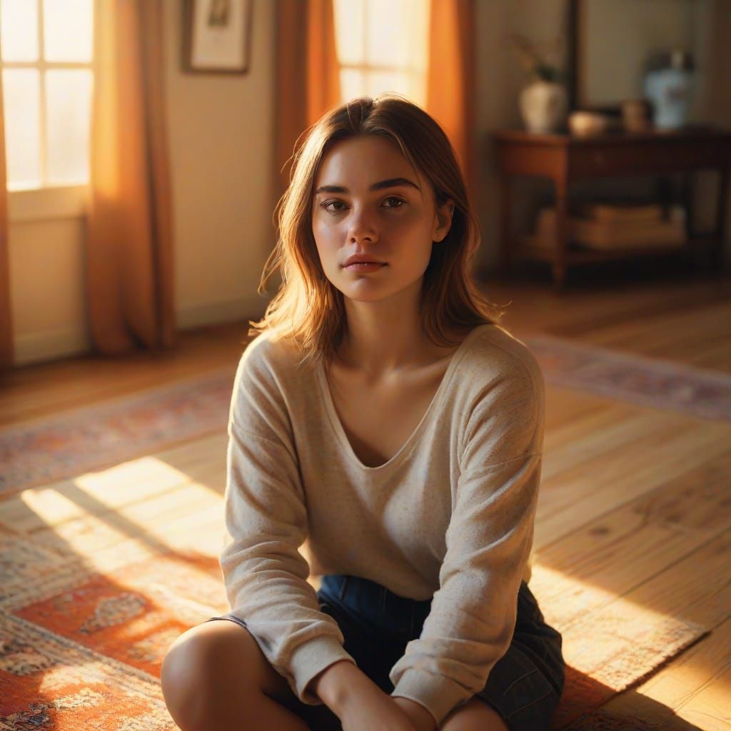 Young Woman in Melancholic Intimate Setting, Oil Painting