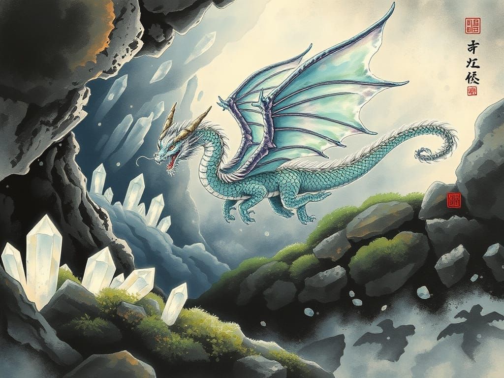 Winged Dragon Gliding Through Crystal Cave, Chinese Ink Art