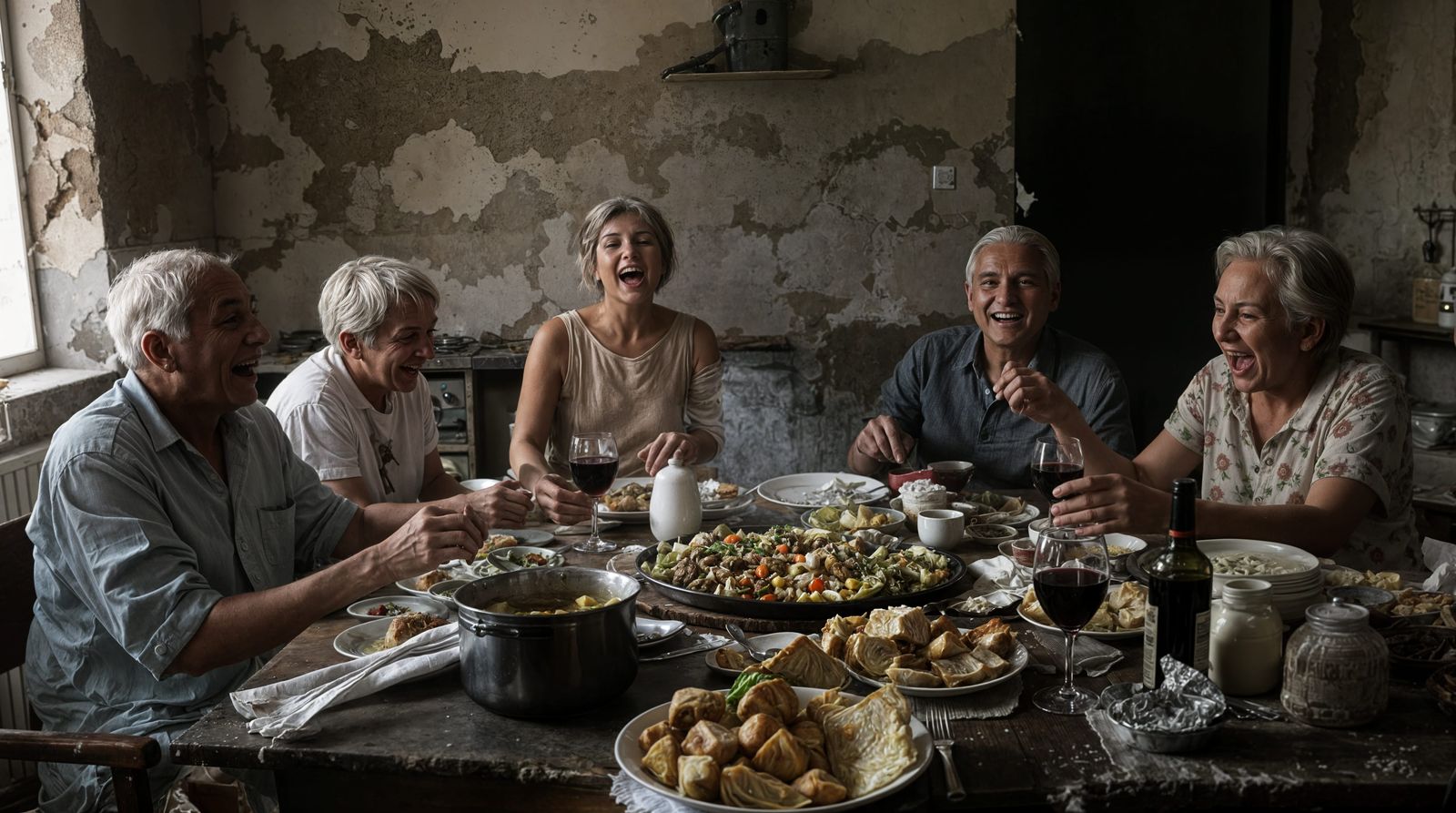Bosnian Family Meal in War-Torn Kitchen, Photorealistic