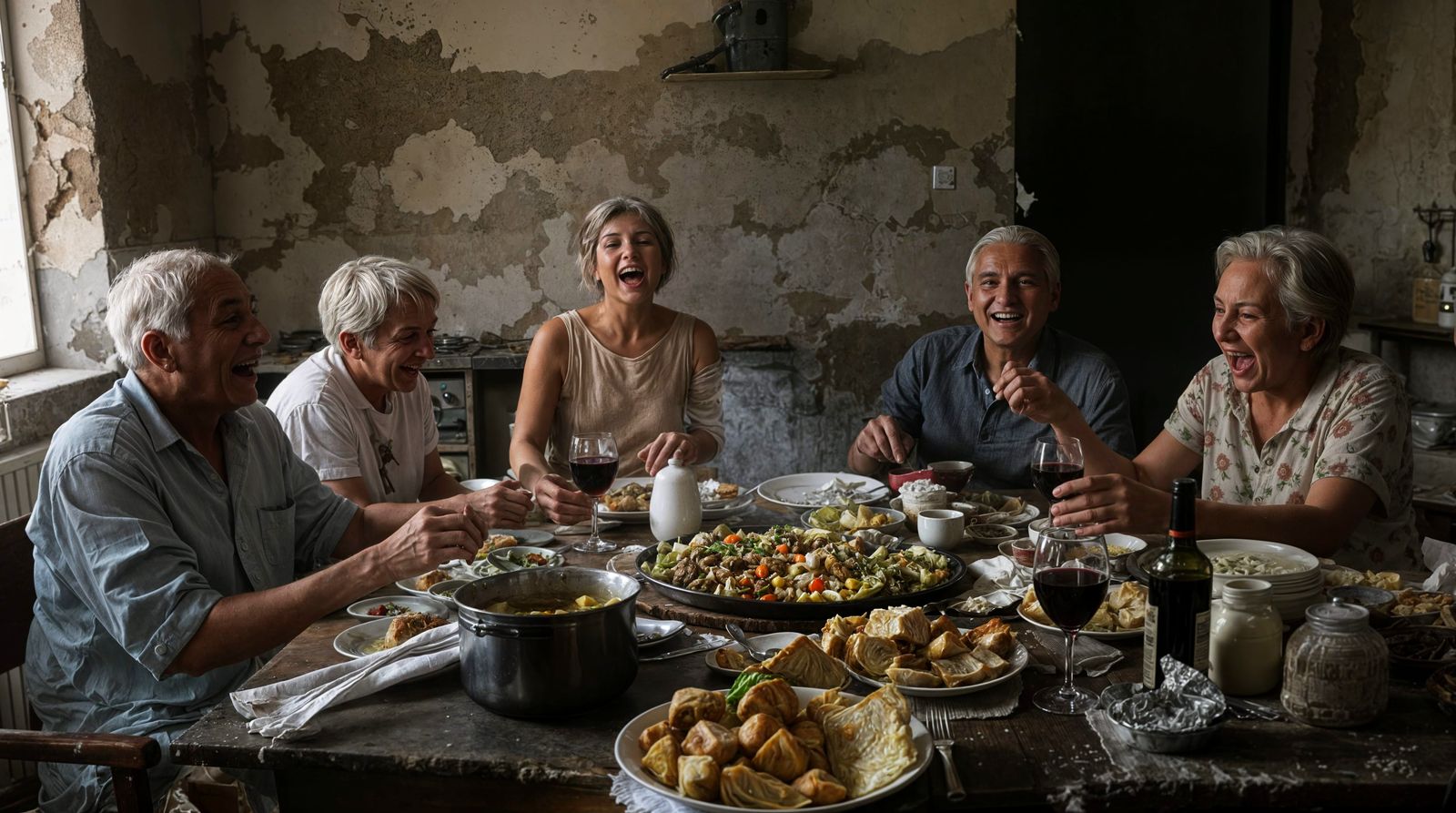 Bosnian Family Shares Meal Amidst War's Ruin