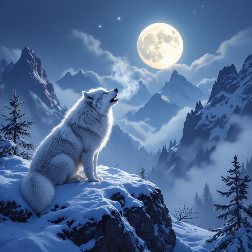 Lone Wolf Howling at Moon in Photorealistic Style