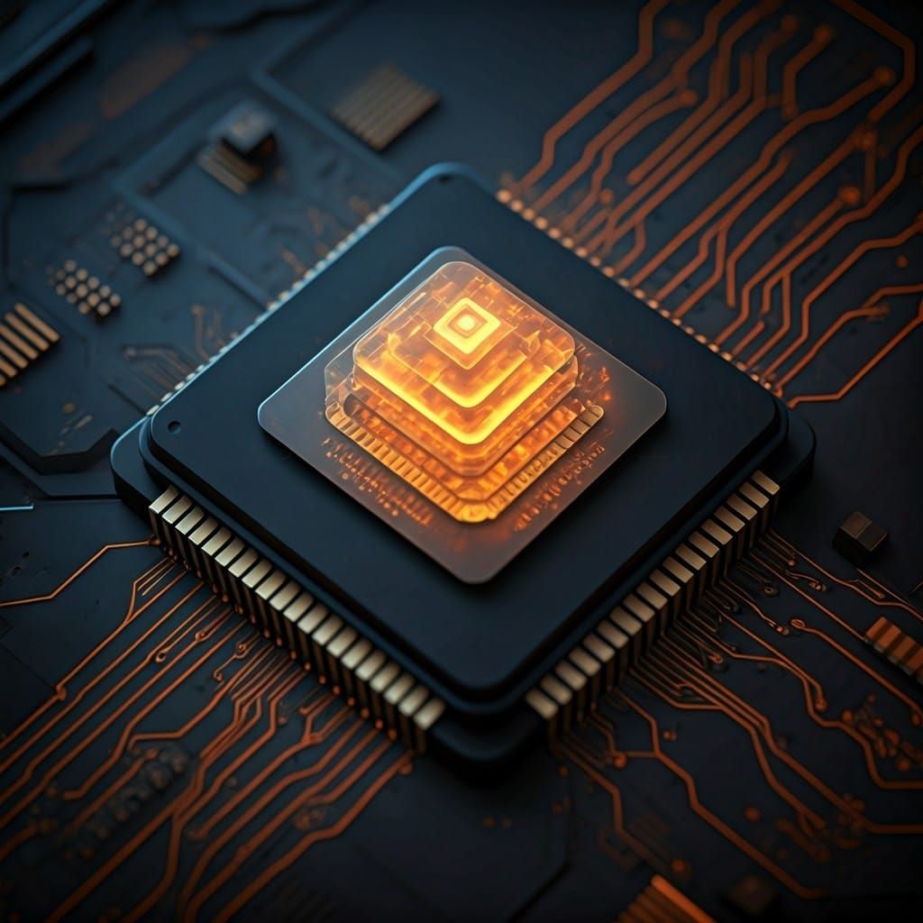 Futuristic Microchip with Quantum Bit in Neo-Cubist Style