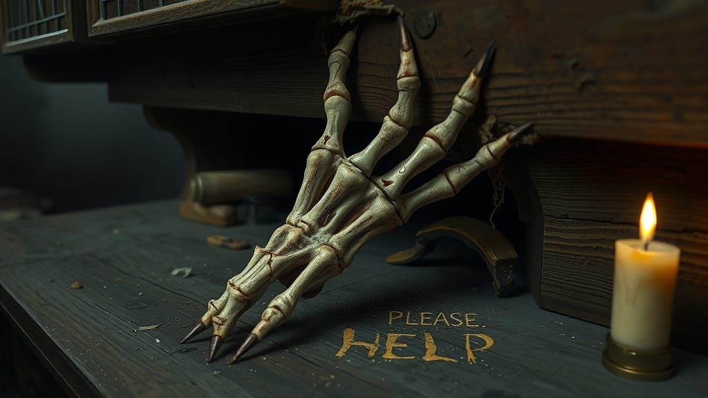 Desperate Hand Emerges from Worn Desk, Carving into Wood in ...