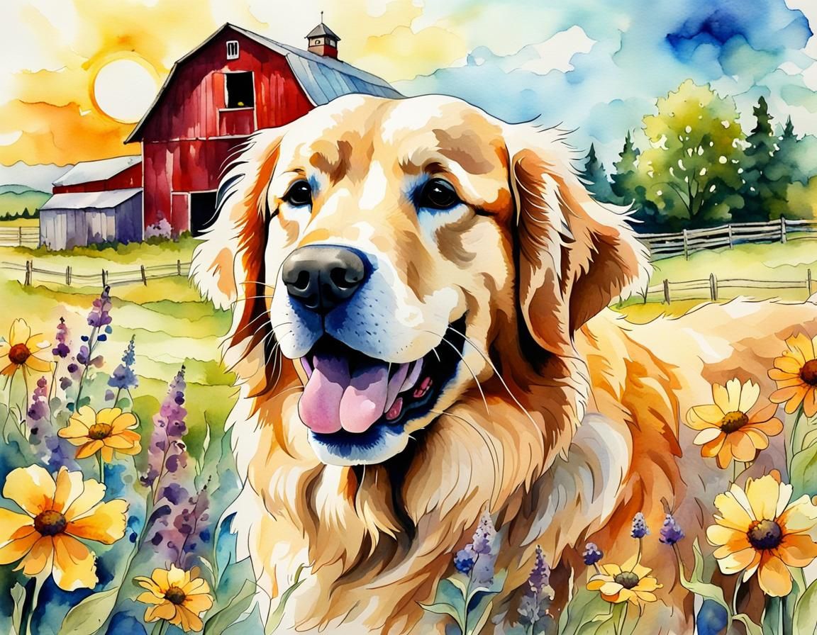 Golden Retriever in Farmyard, Alcohol Ink Style