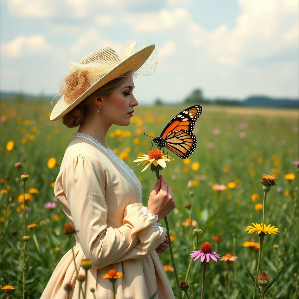 A Woman in 18th-Century Attire Observes a Monarch Butterfly ...