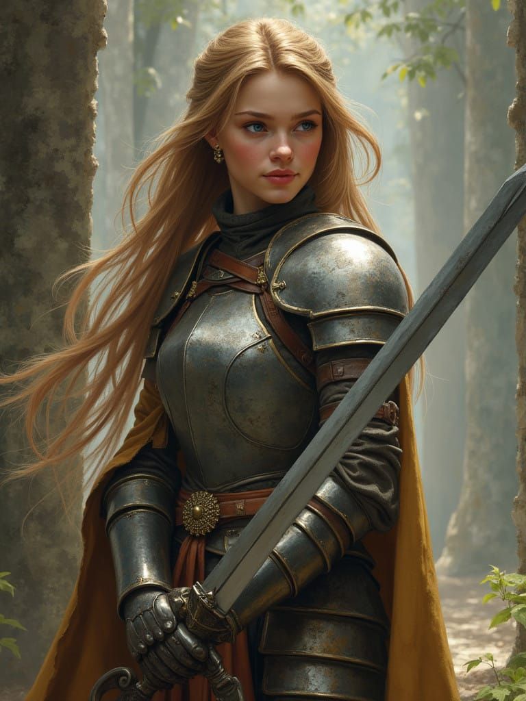Ethereal Female Knight in Armor Wields Sword with Gentle Smi...