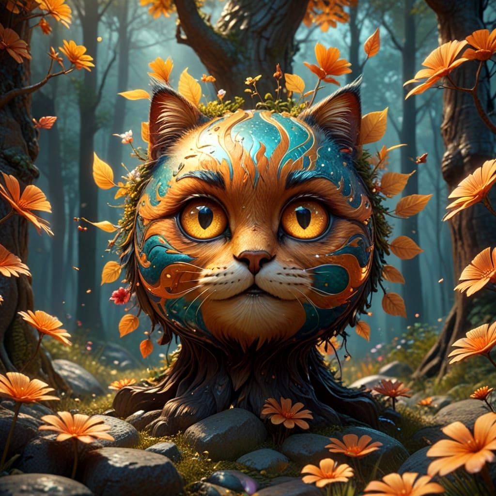 Surreal Pop Art Cat in Vibrant Woodland Scene