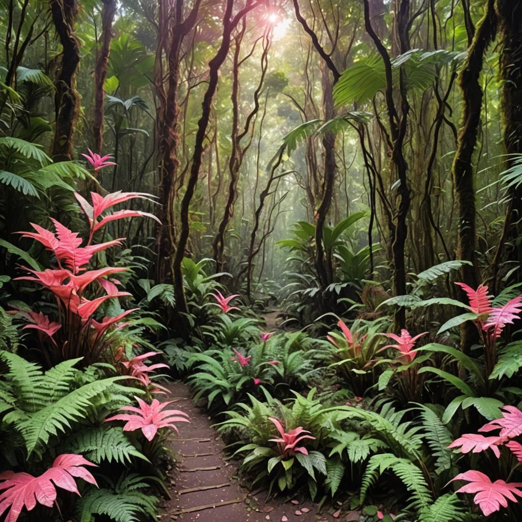 Luminous Pink Brazilian Rainforest Scene
