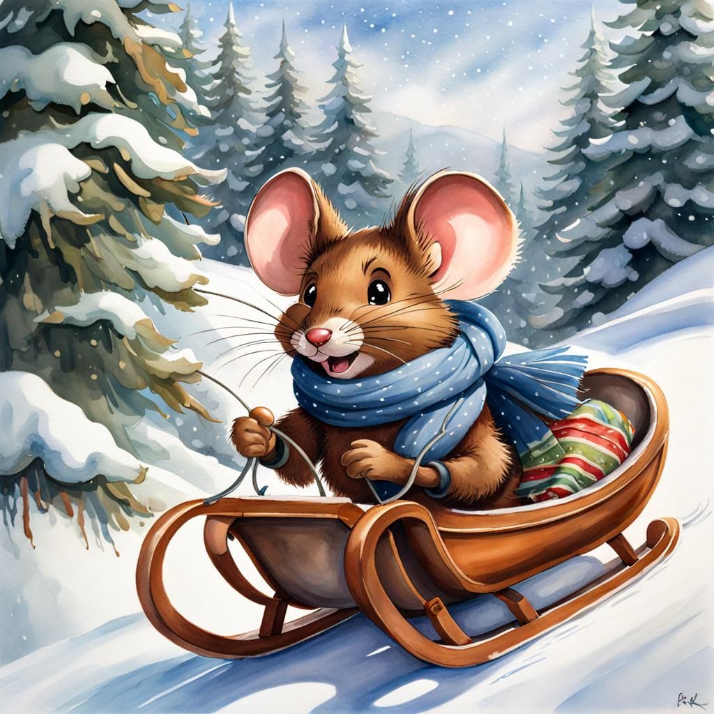 Mouse Sledding Down Hill in Watercolor