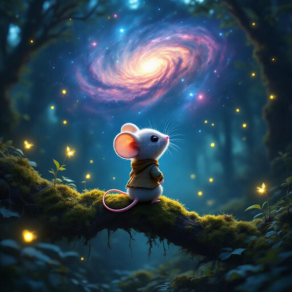 Chibi Mouse Gazing at Nebula in Deep Space Forest