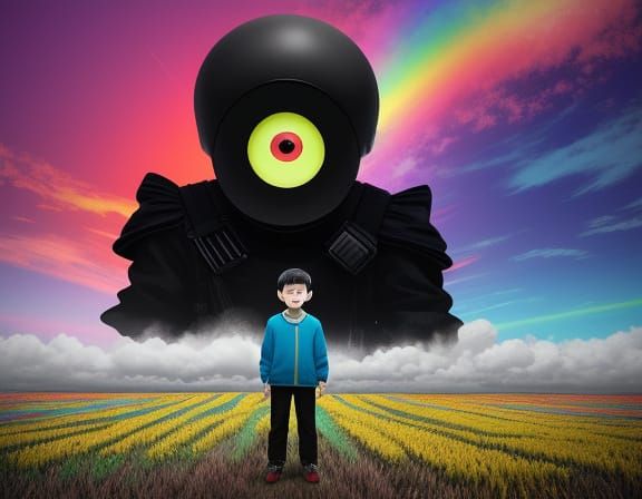 Surreal Pop Art: Boy in Melting Clock Field