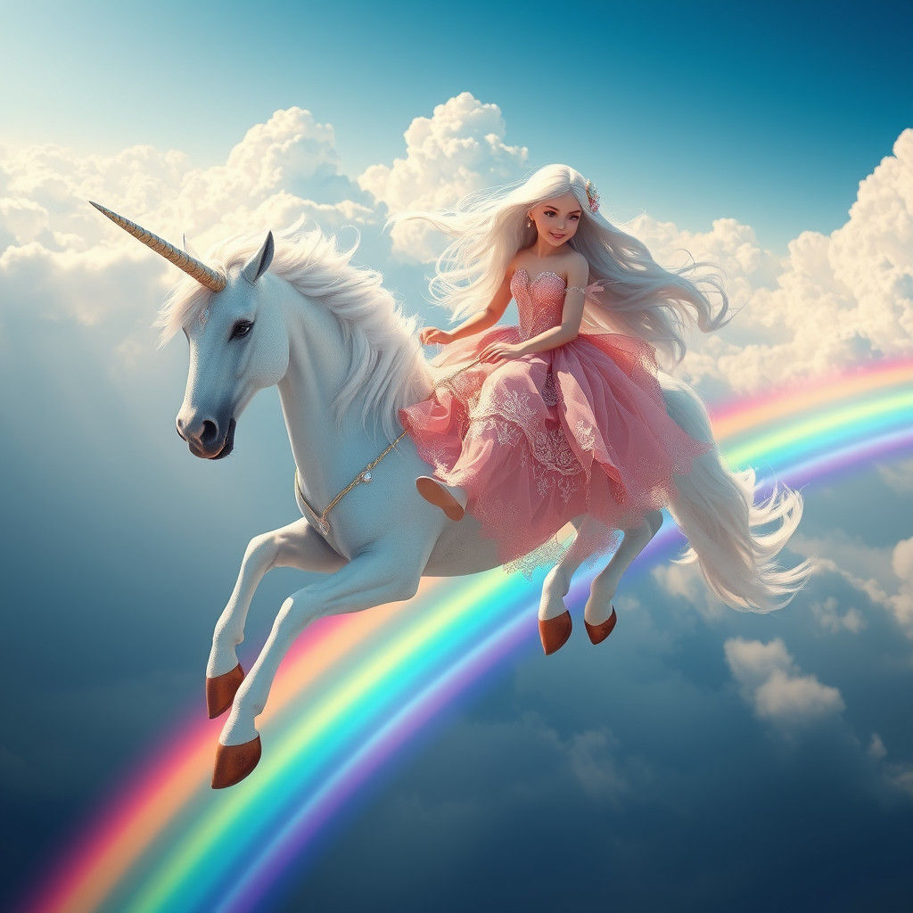 Girl Rides Unicorn on Rainbow: Matte Painting