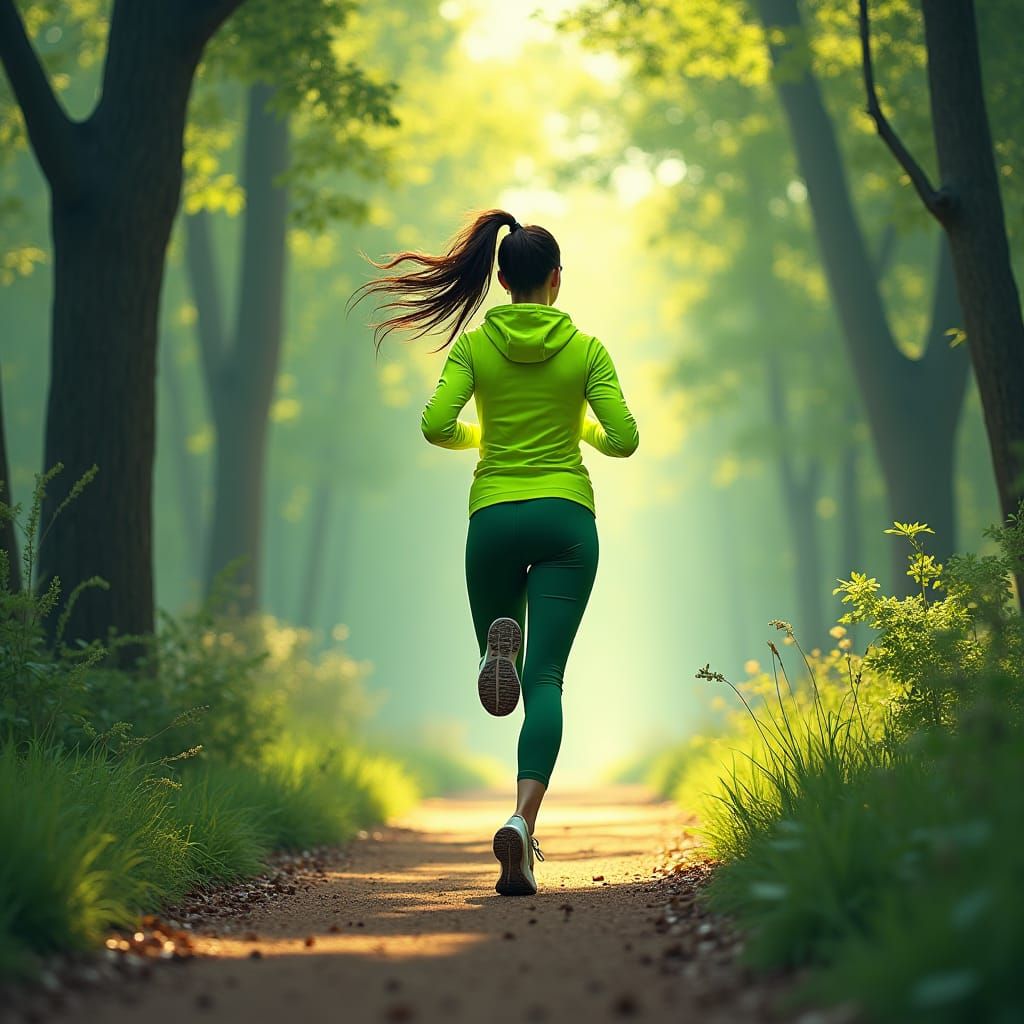 Woman Runs Forest Path in Dreamlike Digital Art