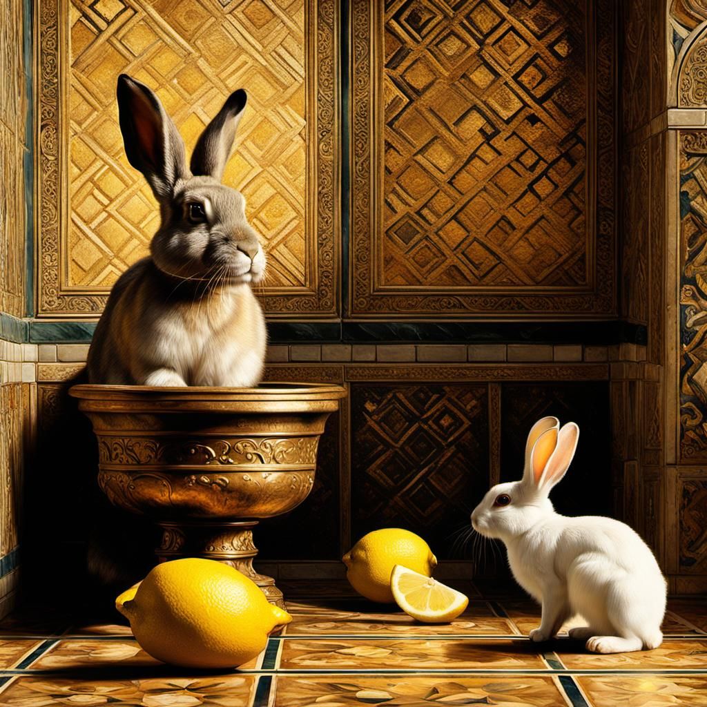 Rabbit Gnawing Lemon in Flemish Renaissance Bathhouse