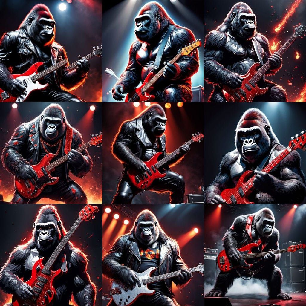 Giant Gorilla Shreds Fiery Bass Guitar