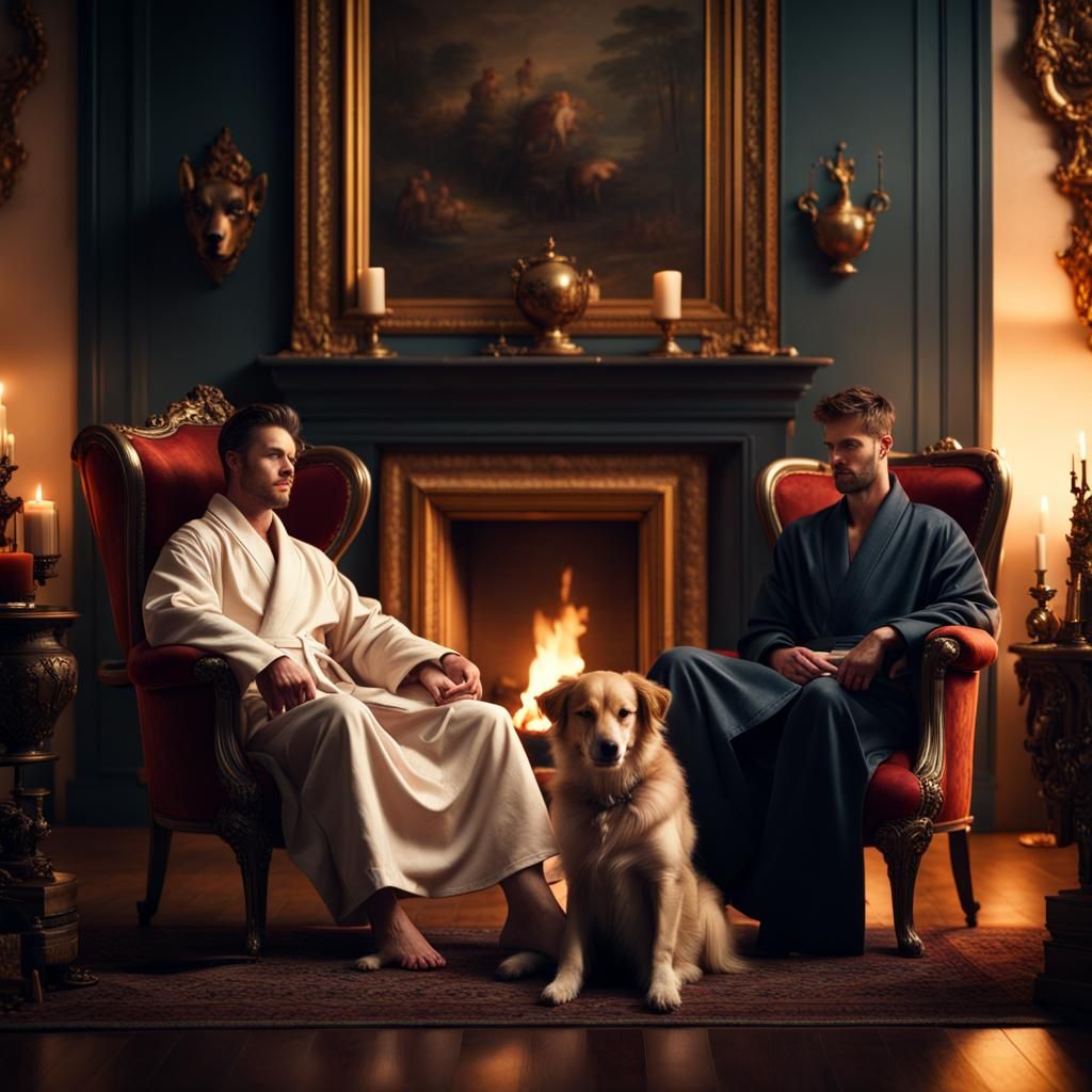 Men Relaxing by Fireplace: Digital Matte Painting