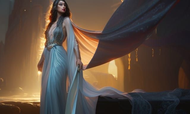 aesthetic rendering of a beautiful sorceress wearing elegant gauzy swirling robes, by Magali Villeneuve, Yin Yuming, cha...