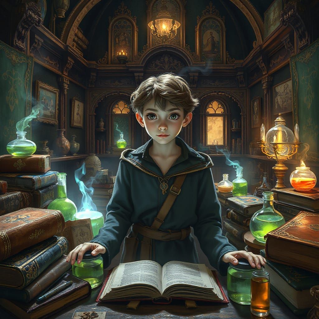 Mystical Apprentice in Ornate Fantasy Laboratory