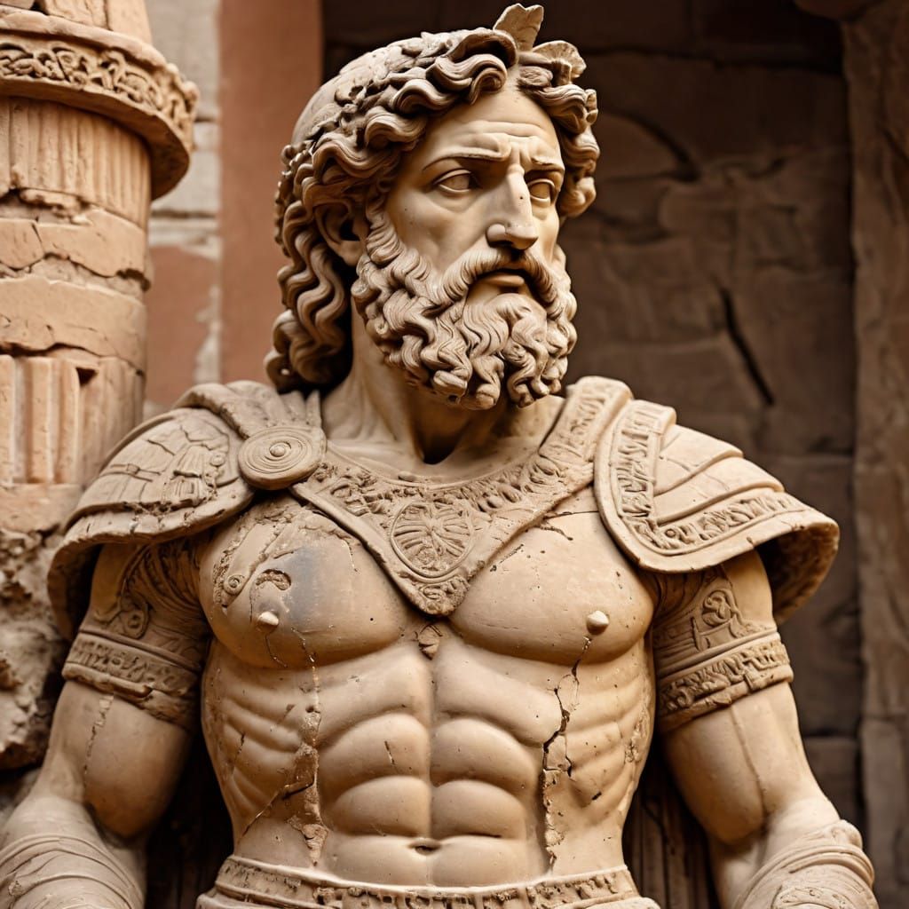 Ancient Greek God Statue in Crumbling Terracotta Armor