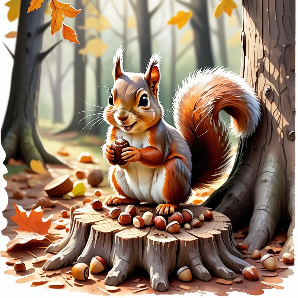 Animated Watercolor Squirrel Storing Acorns