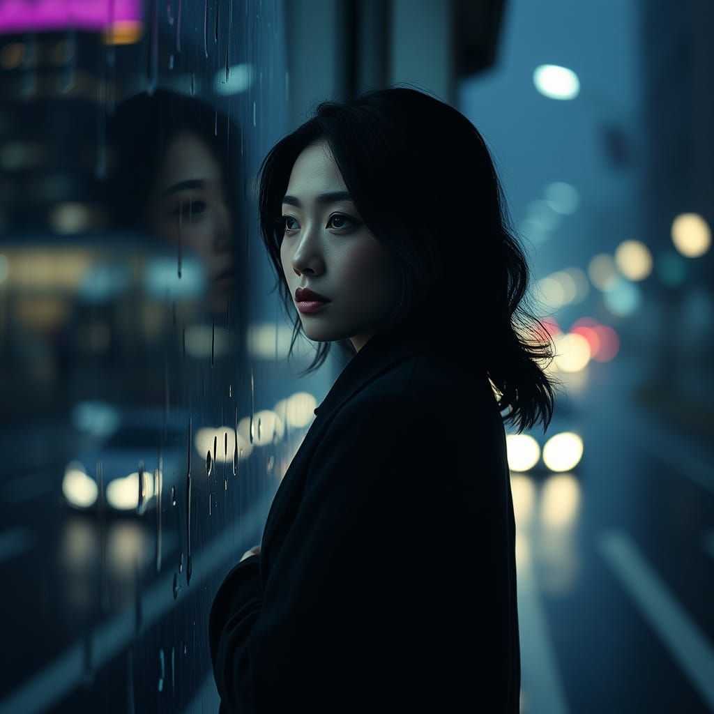 Eurasian Woman Contemplates Melancholic Beauty in Rainy City