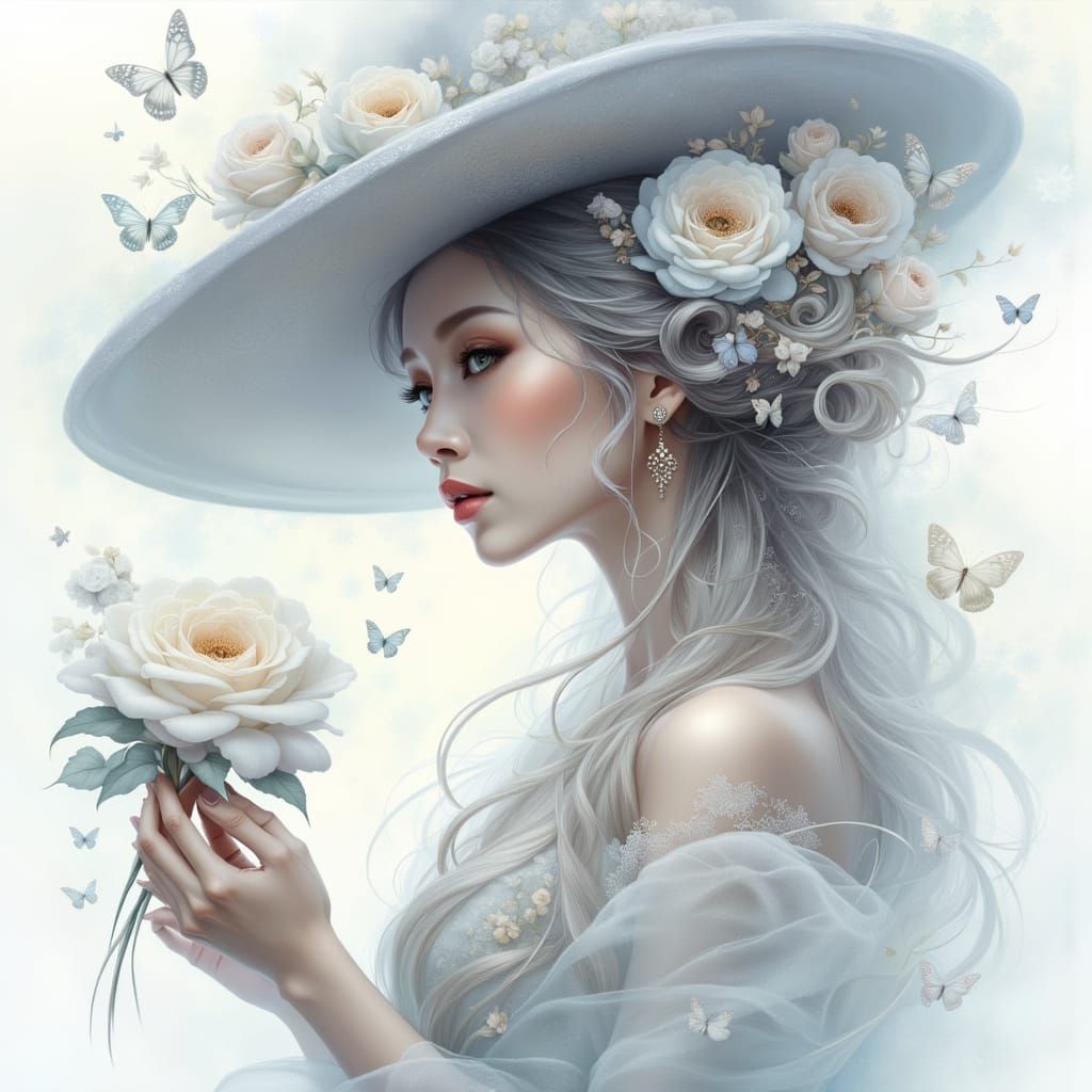 Ethereal Chinese Woman with White Rose