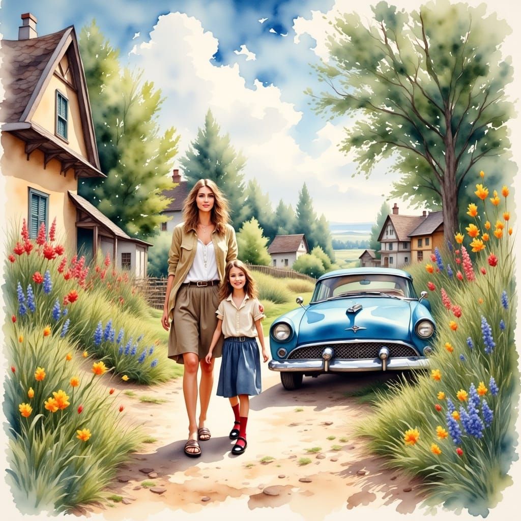 Woman and Girl Walk Path Beside Vintage Car in Watercolor