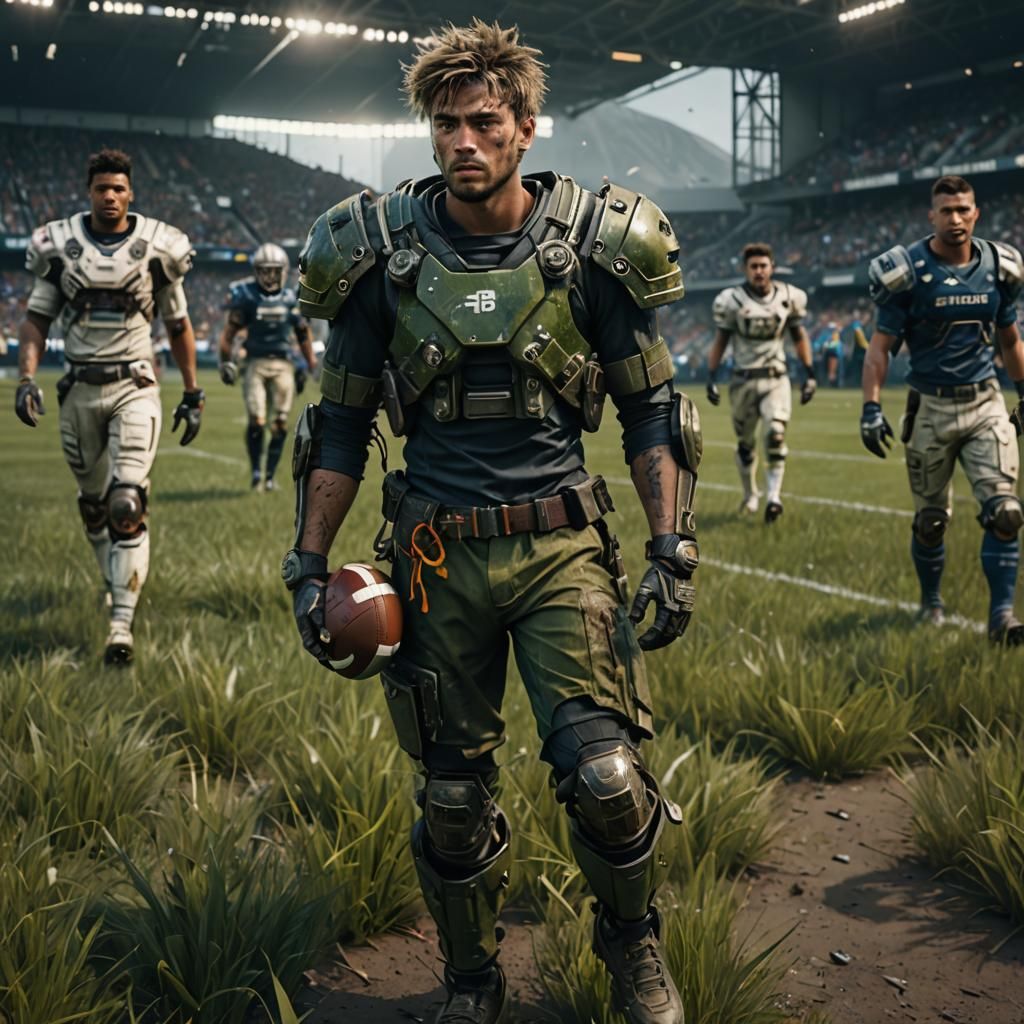Exhausted Football Player in Futuristic Sci-Fi Style