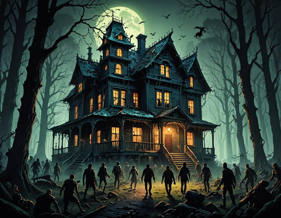 Luminous Haunted House in Dark Zombie Forest