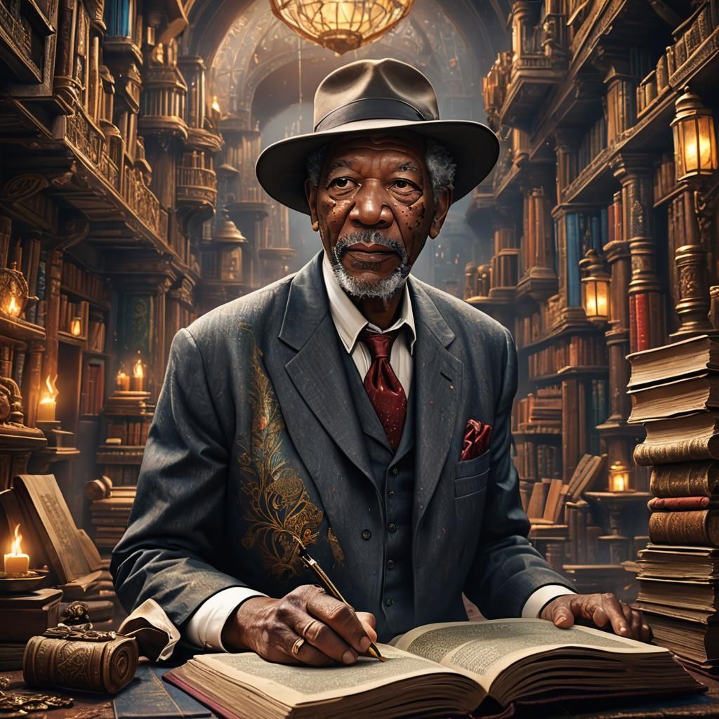 Morgan Freeman Reading an Illuminated Book