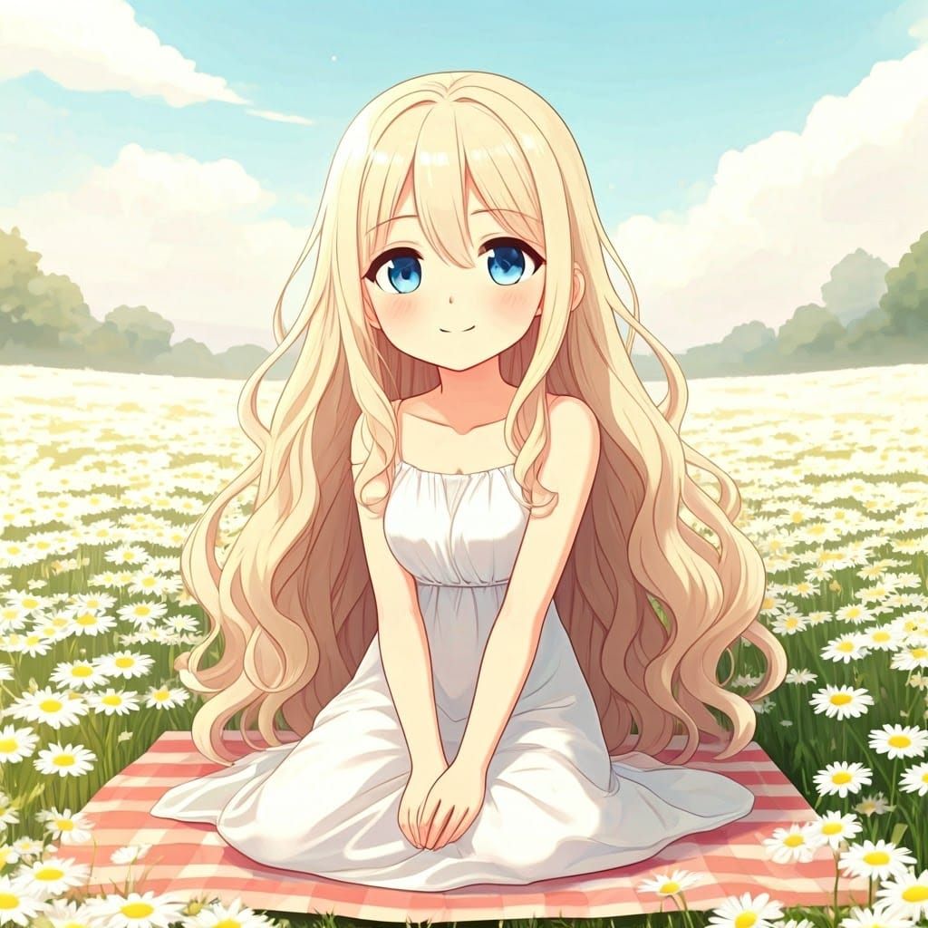 Cute Angel in Daisy Field: Anime Style