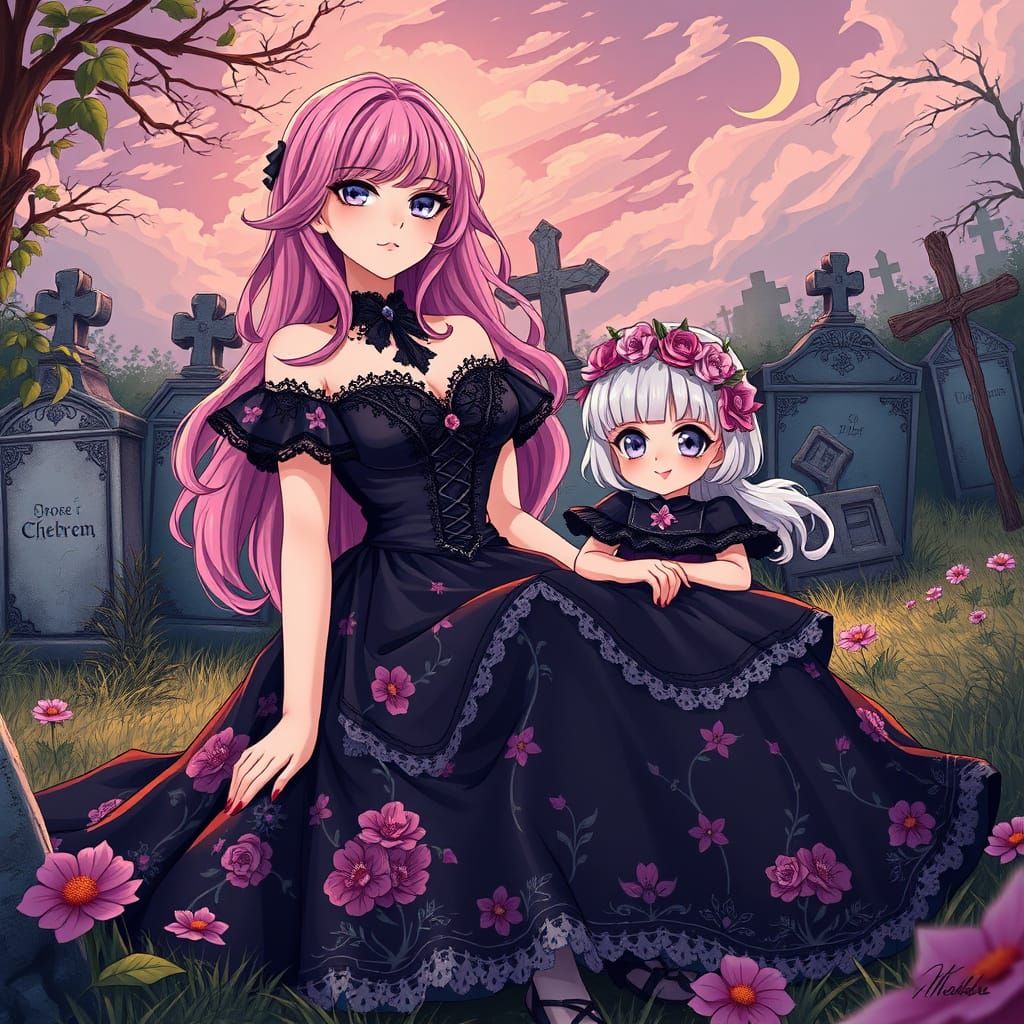 Ethereal Mother-Daughter Moment in Gothic Summer
