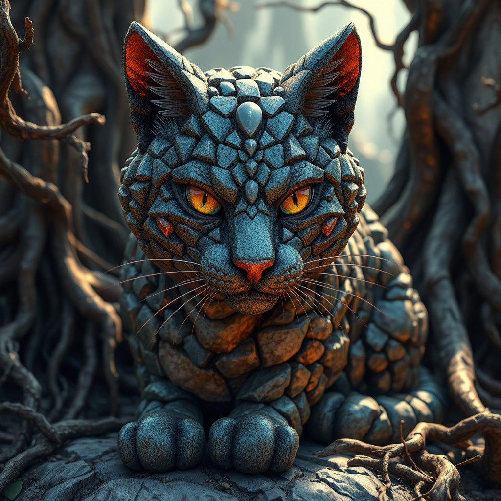 Mosaic Stone Cat in Mystical Forest