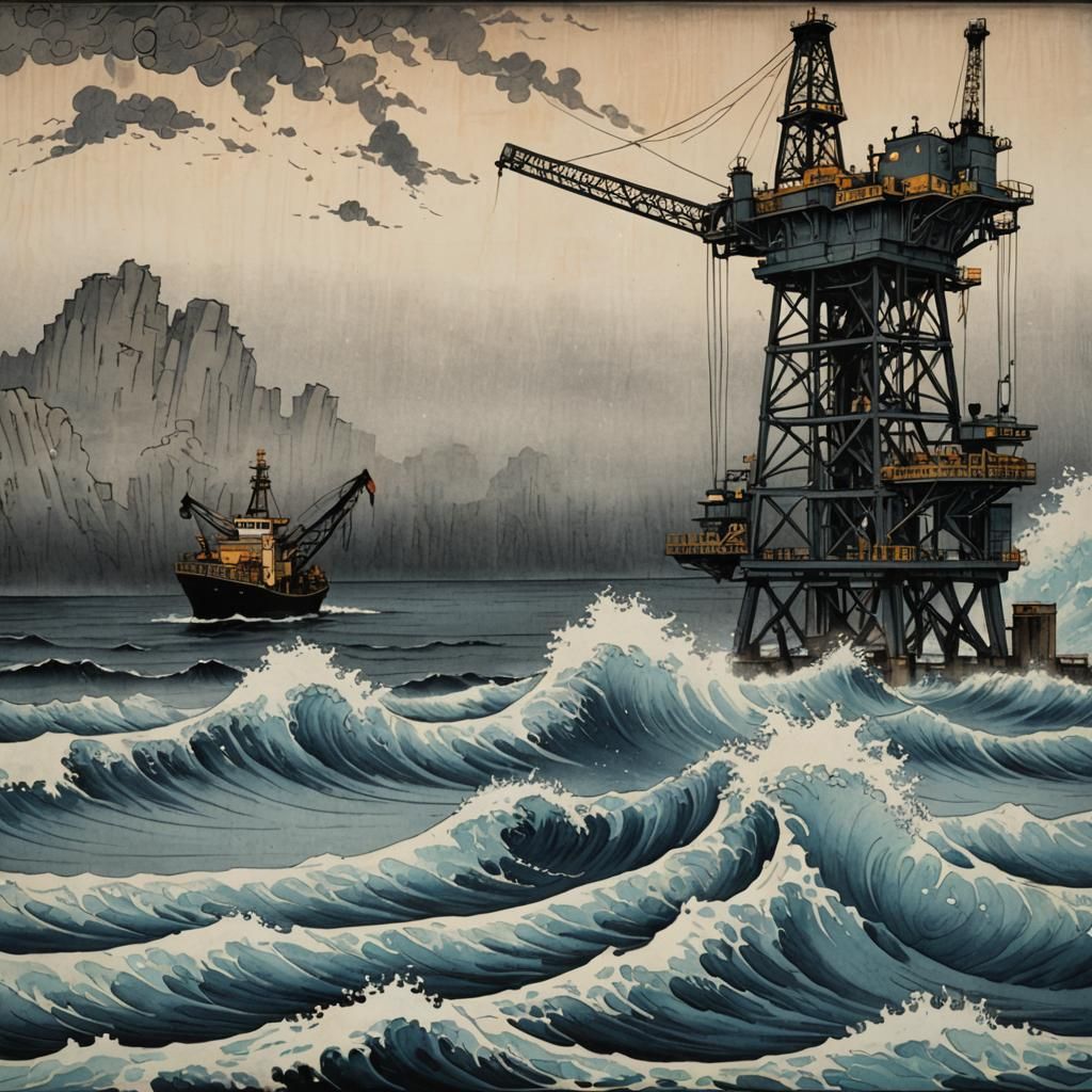 North Sea Oil Platform in Ukiyo-e Style