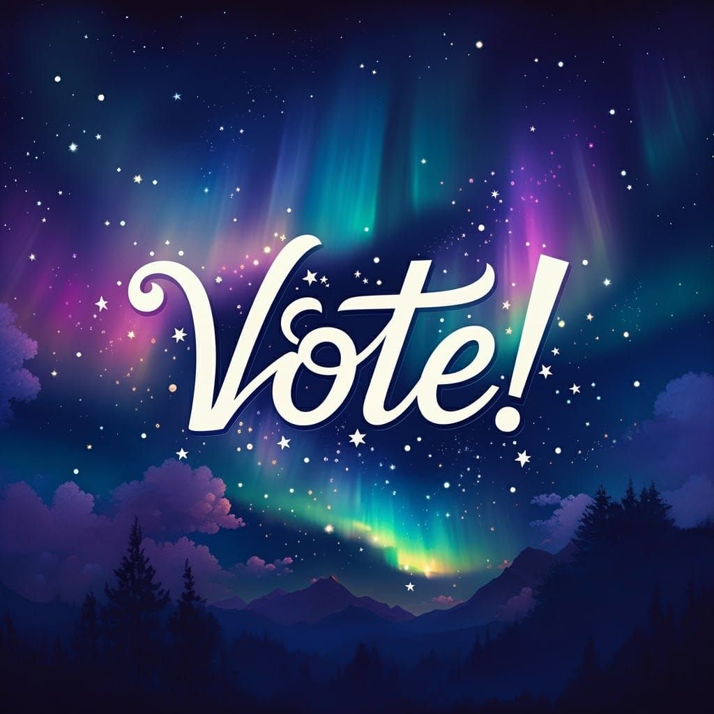 close up cute adorable ethereal big white text “VOTE!” in ca...