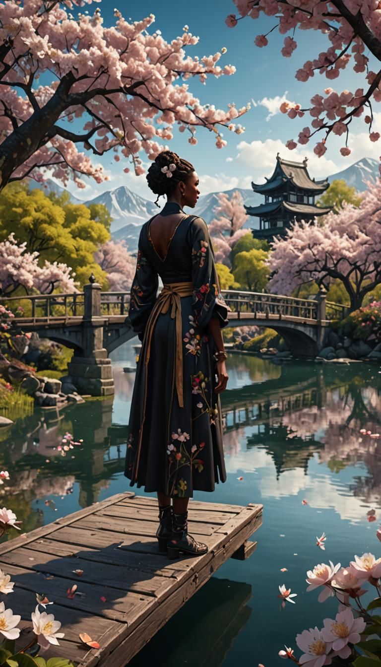 Woman on Bridge at Lake with Cherry Blossoms