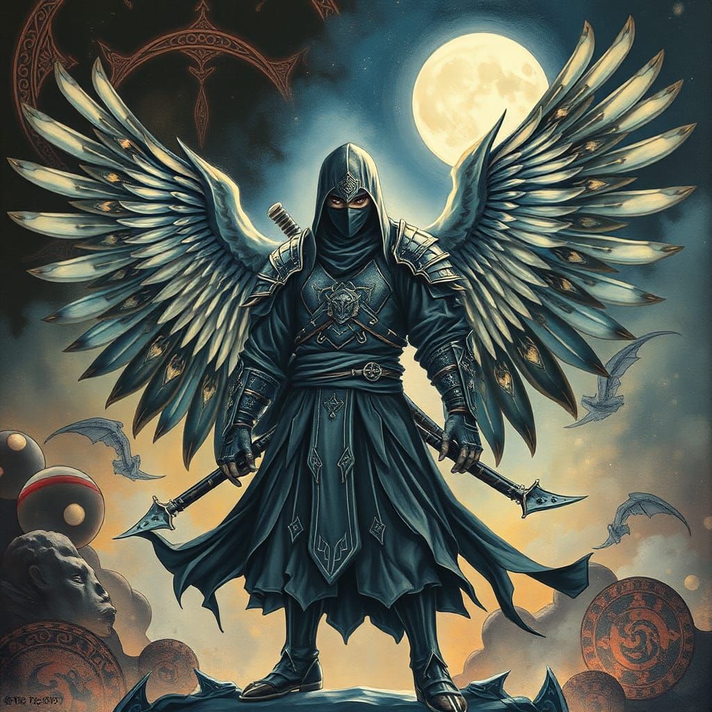 Winged Ninja in Moonlight: Impasto Heavy Metal Art