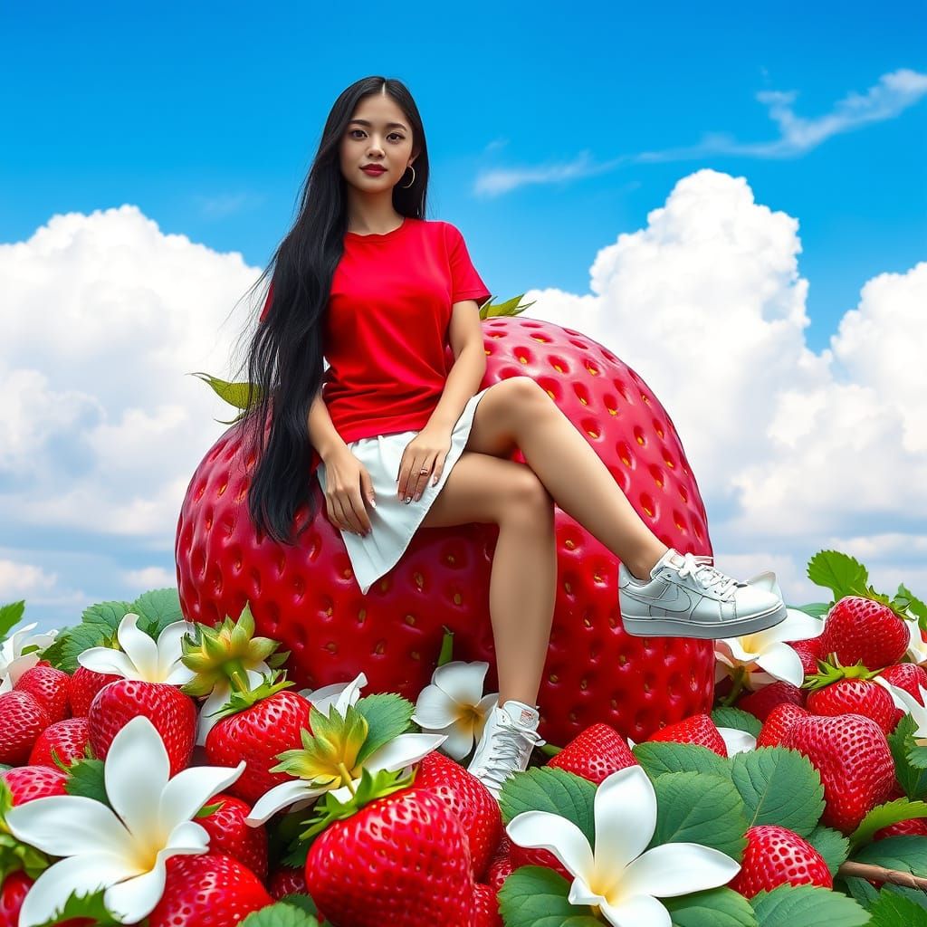 Girl on Giant Strawberry, Hyperrealistic Style