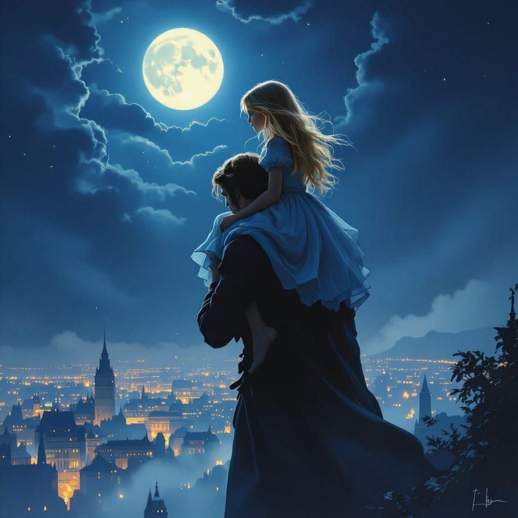 Shadow Man Abducts Girl into Sky Above City