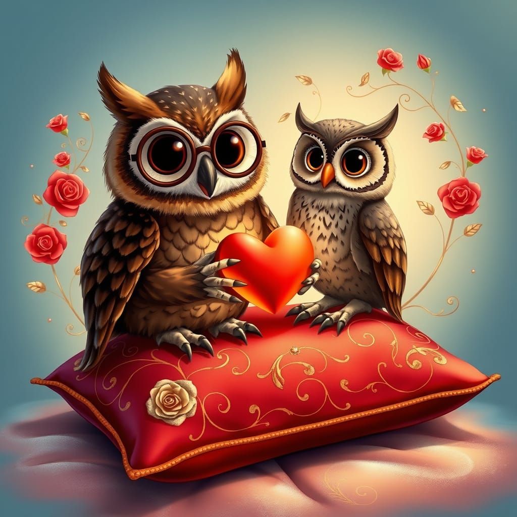 Whimsical Owls Share Heartfelt Moment in Enchanted Dreamscap...