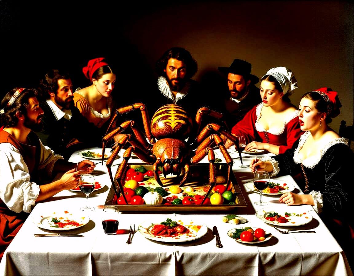 Baroque Dinner Party with Giant Spider, Caravaggio Style
