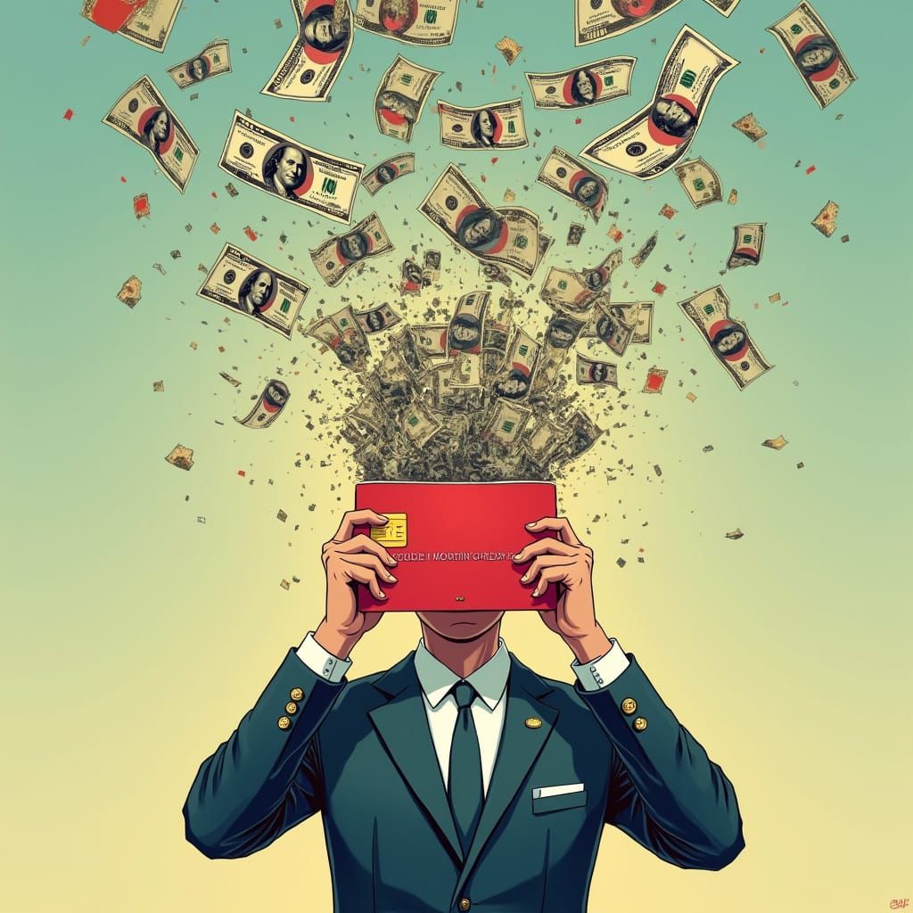 Credit Card Bursting with Dollars in Futuristic Style