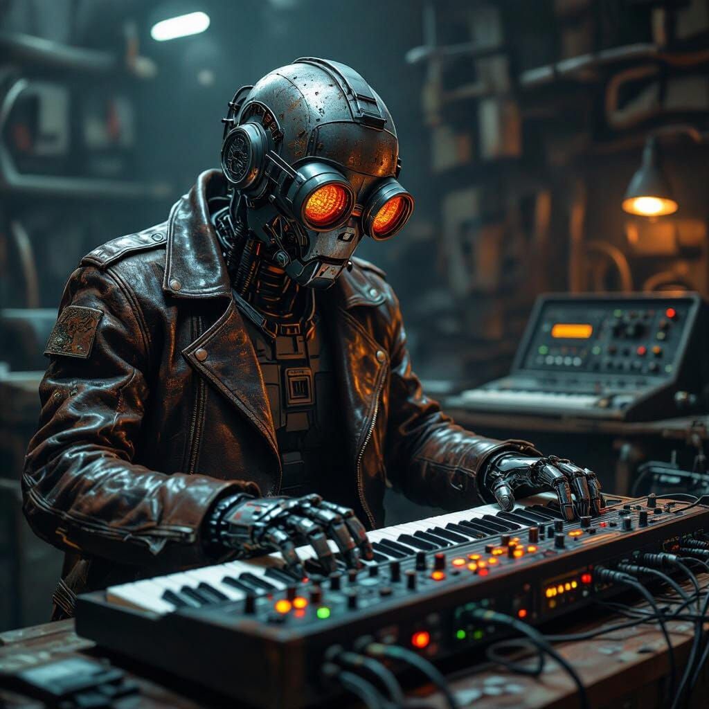 Cyborg Plays Synthesizer in Dystopian Future