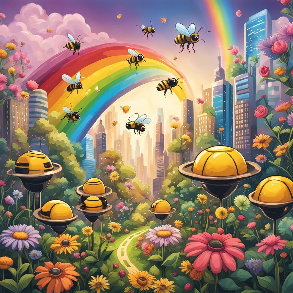 Chibi anthropomorphic bee bots Pollinating a rainbow  cyber ...