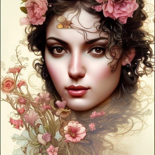 Closeup of the happiest most gorgeous hispanic woman in the world, Rococo, Hyperdetailed, Delicate; Royo, Bagshaw, Chevr...