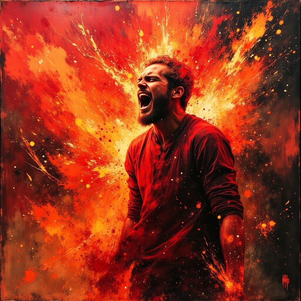 Man Explodes in Crimson Fire as Expressionist Oil Painting