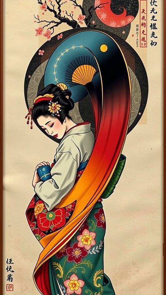 Geisha's Graceful Spin in Silk Kimono
