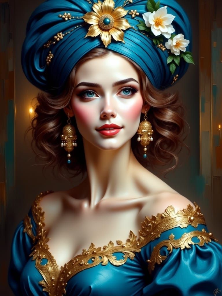 Elegant Renaissance Portrait with Blue Turban and Gold Embro...