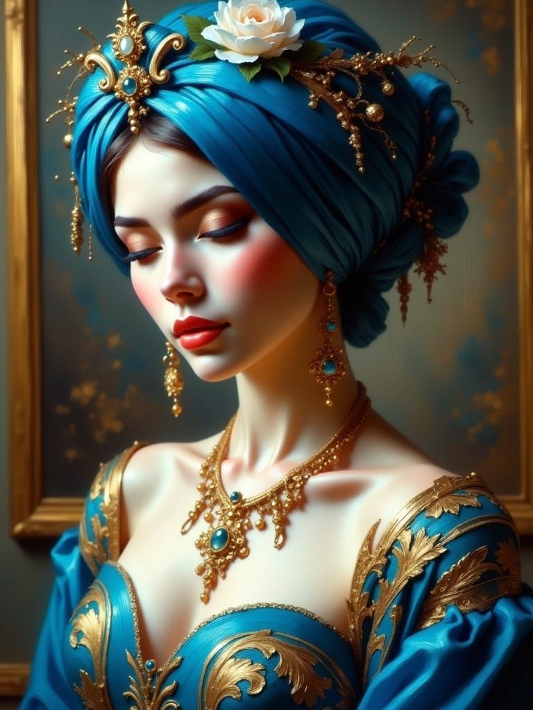 Elegant Renaissance Portrait with Blue Turban