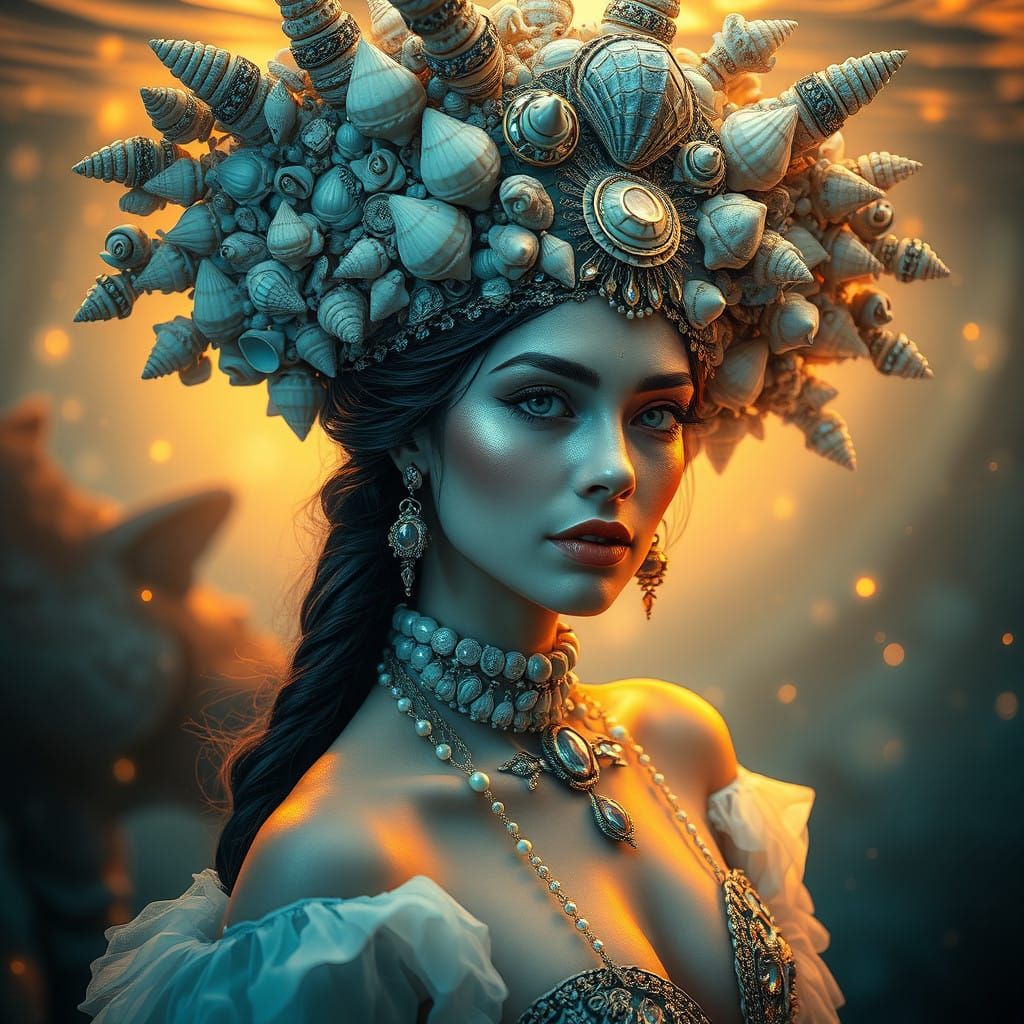Regal Woman Emerges from the Ocean Depths with Elaborate Sea...